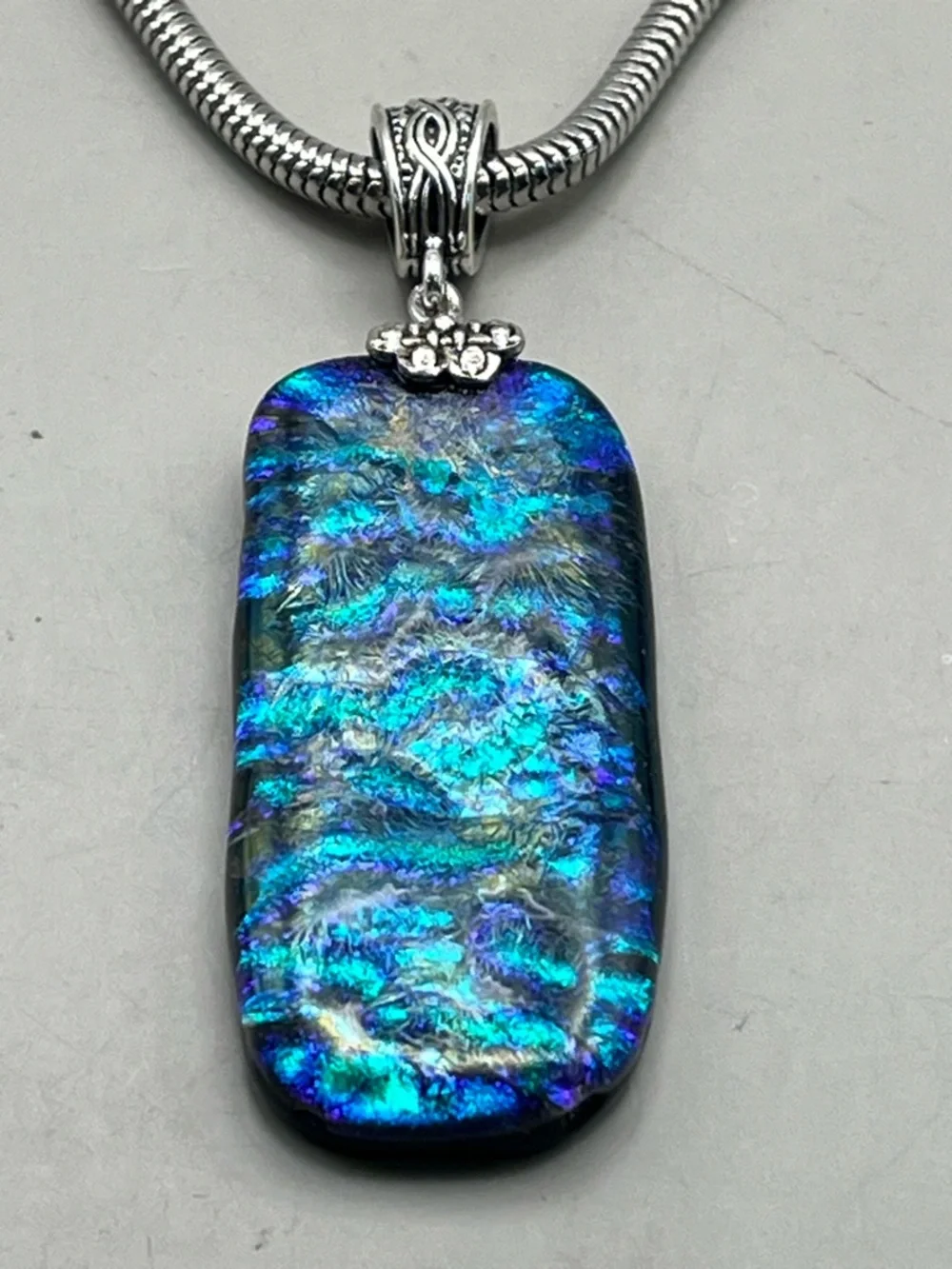 Sterling Silver Blue-Green Artisan Dichroic Glass Pendant Necklace - Picture 6 of 7